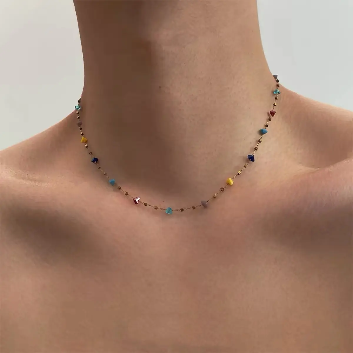 French-Inspired Colorful Long-Style Costume Necklace, Elegant Aesthetic Chain Jewelry