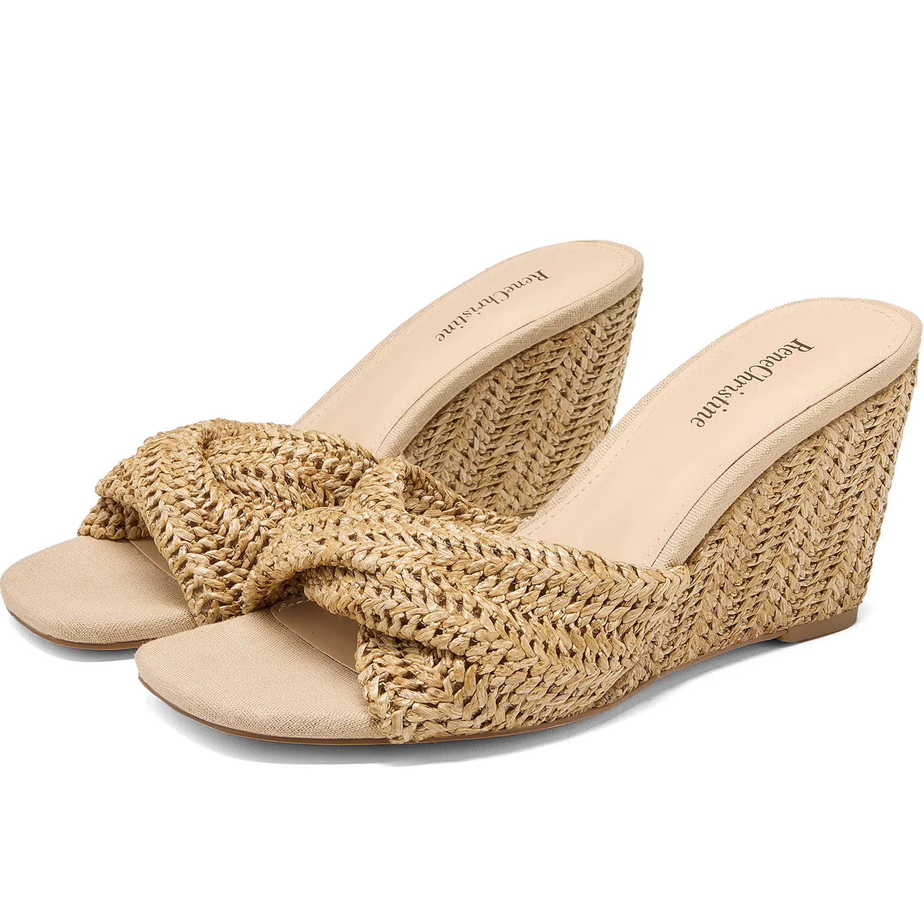 Women's Wedges Heeled Slippers Fabric Heels Slip on Comfy Evening Dress Woven Sandals Square Toe Shoes for Women 3.3" Heels