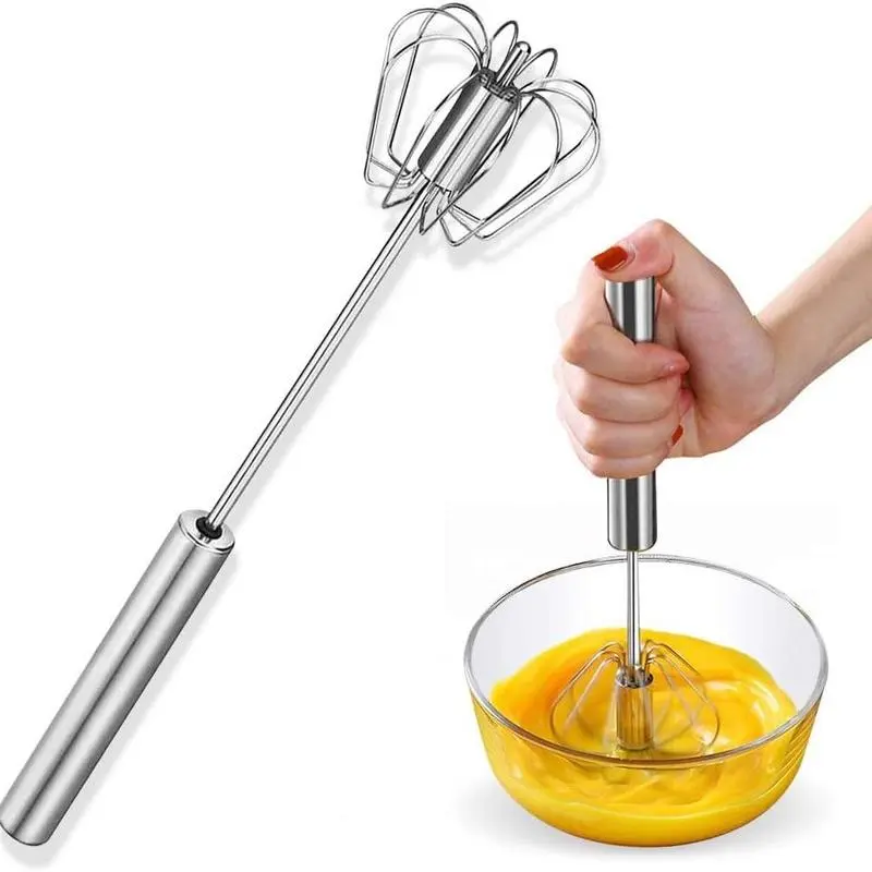 Stainless Steel Semi-Automatic Push-Type Rotary Whisk - Food-Safe Manual Baking Utensil for Whisking Eggs, Cooks & Bakers Kitchen Gadget
