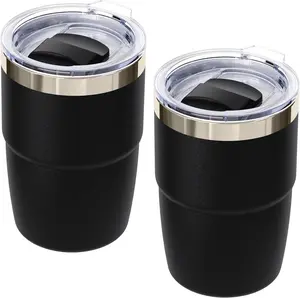 8 oz Espresso/Coffee Cup with  Lid, Ceramic-Lined 18/8 Stainless Steel, Double-Wall Vacuum Insulated, Stackable, Dishwasher Safe, Mini Tumbler for On-the-Go (Black, 2 Pack)