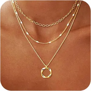 14K Gold Plated Layered Necklaces for Women Trendy, Stackable Dainty Gold Plated Chain Necklace Layering Beach Cute Fashion Pendant Choker Necklaces Jewelry Set Gifts for Women