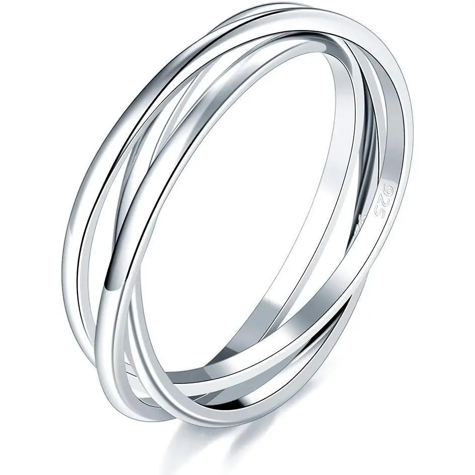 Sterling Silver Ring, 14K Gold Plated Fidget Anxiety Ring, Triple Row Rolling Interlocking Stacking High Polish Band for Women, Men| Each Band Width 1.8mm 3mm Size 4-12