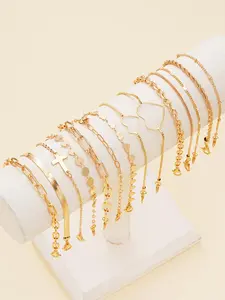 Women's Elegant Stackable Bracelets Set, 14pcs/set Cross & Heart Design Link Bracelet & Chain Bracelet, Fashion Casual Trendy Jewelry for Party, Daily Decor, Trendy All-match & Exquisite Jewelry for Birthday Gift