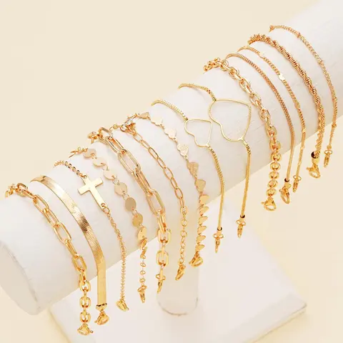 Women's Stackable Bracelets Set, 14pcs/set Cross & Heart Design Link & Chain Bracelet, Jewelry for Party, Daily Decor, Birthday Gift