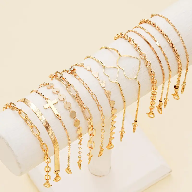 Women's Stackable Bracelets Set, 14pcs/set Cross & Heart Design Link & Chain Bracelet, Jewelry for Party, Daily Decor, Birthday Gift