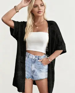 Women's Summer Crochet Cardigan Lightweight Short Sleeve Kimono Boho Open Front Knit Cover Up Casual Acrylic Batwing Sleeve Breathable Ribbed Hem