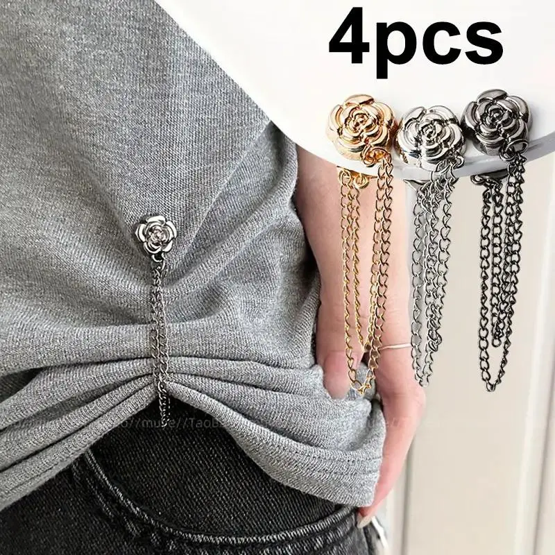 4pcs Camellia T-Shirt Buttons, Adjustable & Decorative, Rose Design, Durable Short Sleeves, Overlong Hem Fixing, Fashion Pins, Metal Fasteners, Embellished, Chains