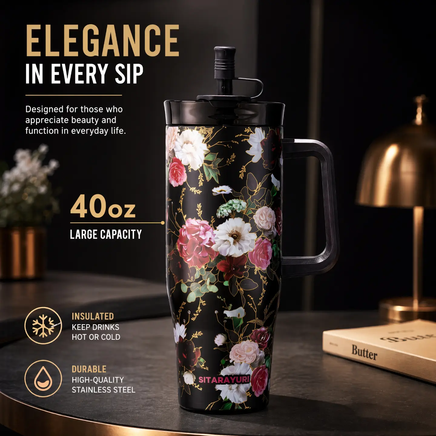 40oz Rose & Gold Gilded Stainless Steel Insulated Tumbler with Handle, 2-in-1 Dual Drink Lid & Dust-Proof Straw Cover, Vacuum Travel Mug for Hot/Cold, Car Office Drinkware, Perfect Gift for Girlfriend travelessentials