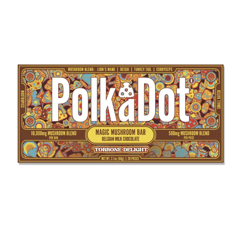 Polkadot Belgian Chocolate, Torrone Delight, 20 Count, High Potency Plant-based Mushroom Snack, 100% Organic, High-Quality Ingredients, Made in USA, All Natural, Healthy Chocolate, 20 Piece Chocolate Bar