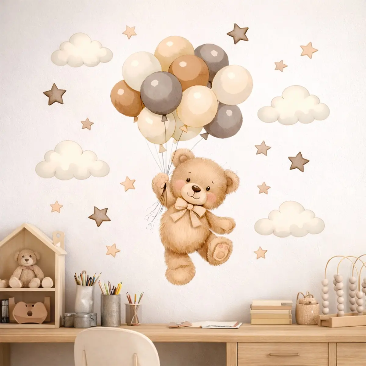 Boho Bear Balloon Cloulds Wall Decals — Nebula Bear Nursery Decor — Self-Adhesive, Western-Style Home Decor Wall Art Stickers For Children'S Rooms And Bedrooms Decoration