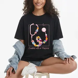 "Nurse" Stethoscope & Floral Print Casual Cotton Tee Shirt Classic