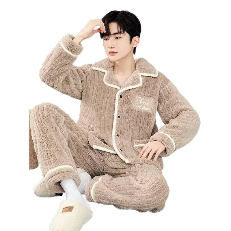 Men's 2-Piece Fluffy Coral Fleece Pajama Suit - Menswear, Autumn Winter Thick Fabric Loungewear, Elastic Cuffed Long Sleeve Cardigan with Button Closure & Pants, Warm Breathable Sleepwear, Uniform, Two-Piece Suit