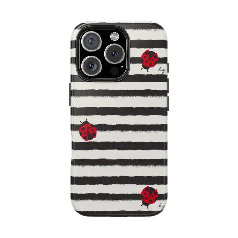 Cute Stripe Ladybug Protective Polycarbonate Phone Case for iPhone 14 ProMax - Wireless-Friendly, Shockproof Rubber-Plastic Cover, Smartphone Accessory for Women, Durable Cellphone Accessory