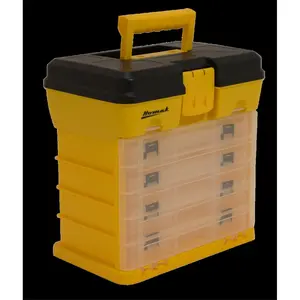 212 MAIN Large Size Portable Plastic Parts Organizer Toolbox, Yellow - Carry Handle, Push-Latches, Removable Bins