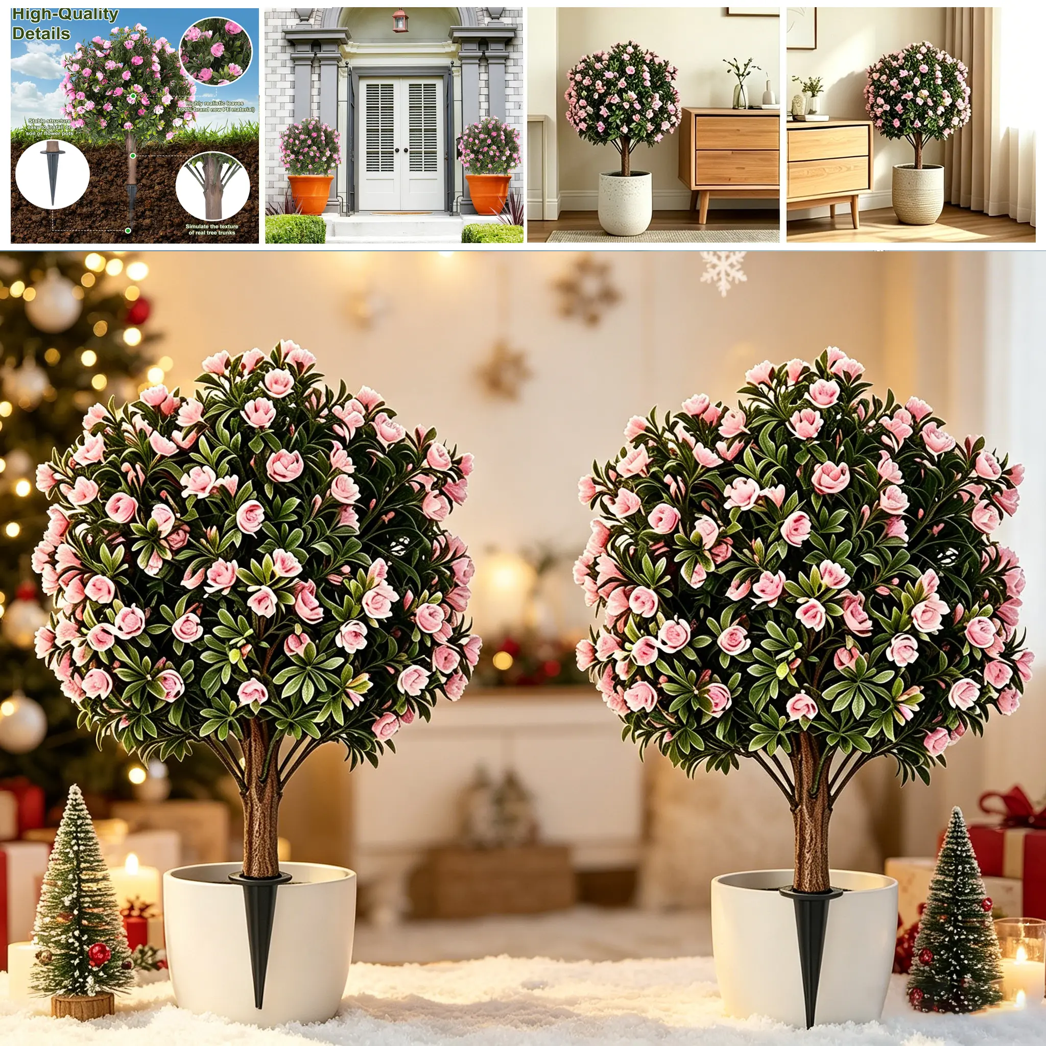 DLDA 24-in Artificial Pink Rose Topiary Ball Trees (2-Set), UV-Resistant All-Weather Faux Evergreen Bushes with Ground Spikes, Realistic Fake Flower Shrubs for Outdoor Garden & Indoor Tabletop Decor, Christmas Gift for