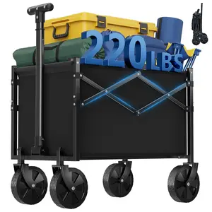 Collapsible Wagon, 220 LBS Folding Utility Cart with Ground-Clearance Handle, Heavy Duty All-Terrain for Grocery, Beach, Garden, Camping & Sports