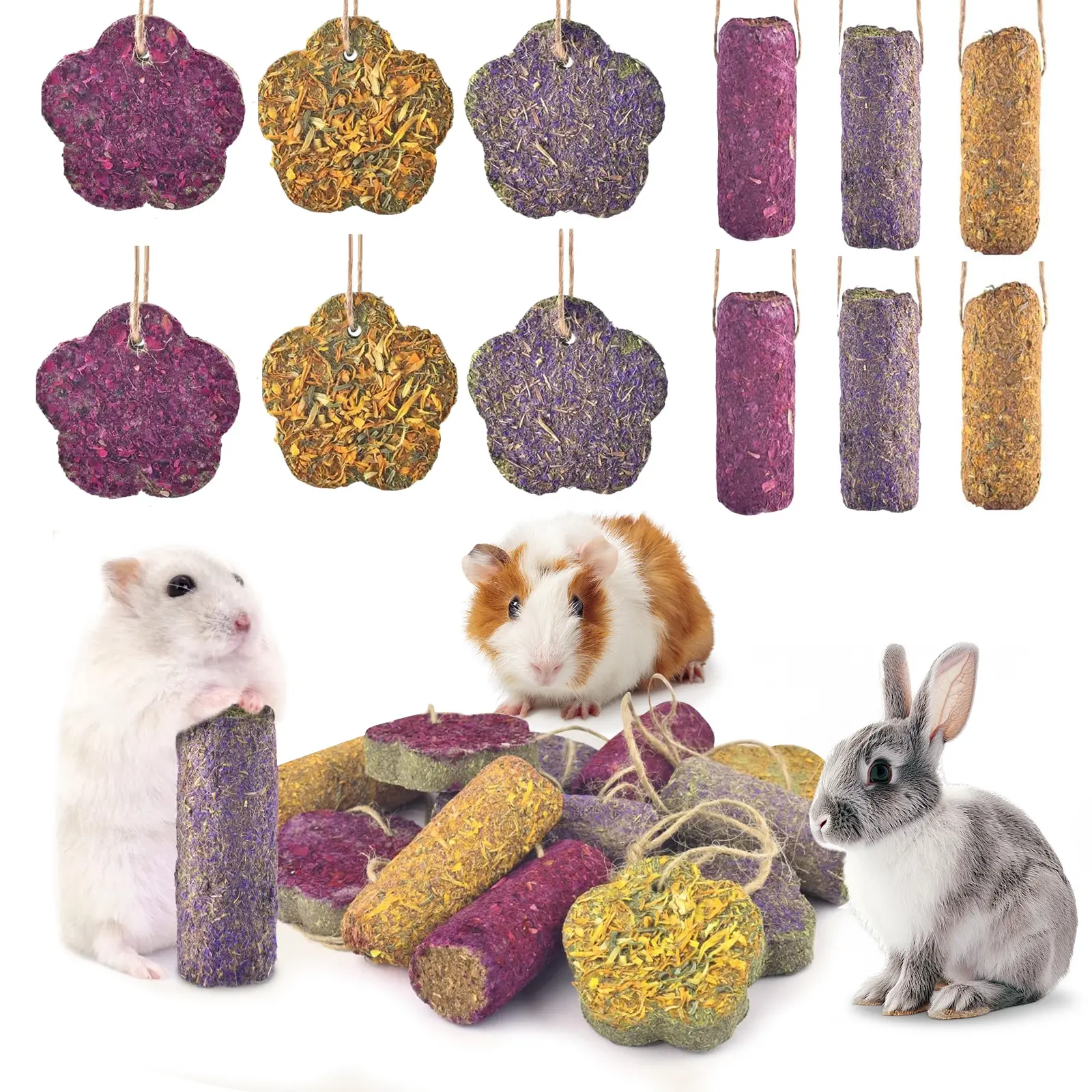 12PCS High-Quality 3 in 1 Bunny Treat Variety Pack - Hanging Sticks, Cakes with Timothy Hay, Rose & Chrysanthemum Chew Treats for Small Pets Molar Toy, Interactive