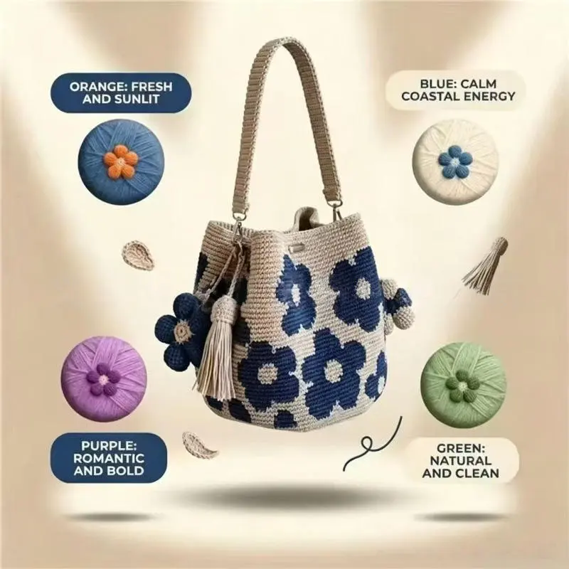 Women's Handmade Crochet Floral Bucket Bag - Polyester Tassel Crossbody Purse, Adjustable Strap, Magnetic Snap Closure Boho Summer Storage Bag
