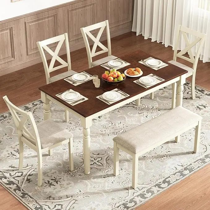 [SummerSale] AMERLIFE 6-Piece 60"/71" Solid Wood Dining Table Set, Large Dining Table with 4 Upholstered Chairs & 1 Long Bench, for Dining Room, Kitchen, Brown & Cream/Best Gift Ideas/Christmas Gifts
