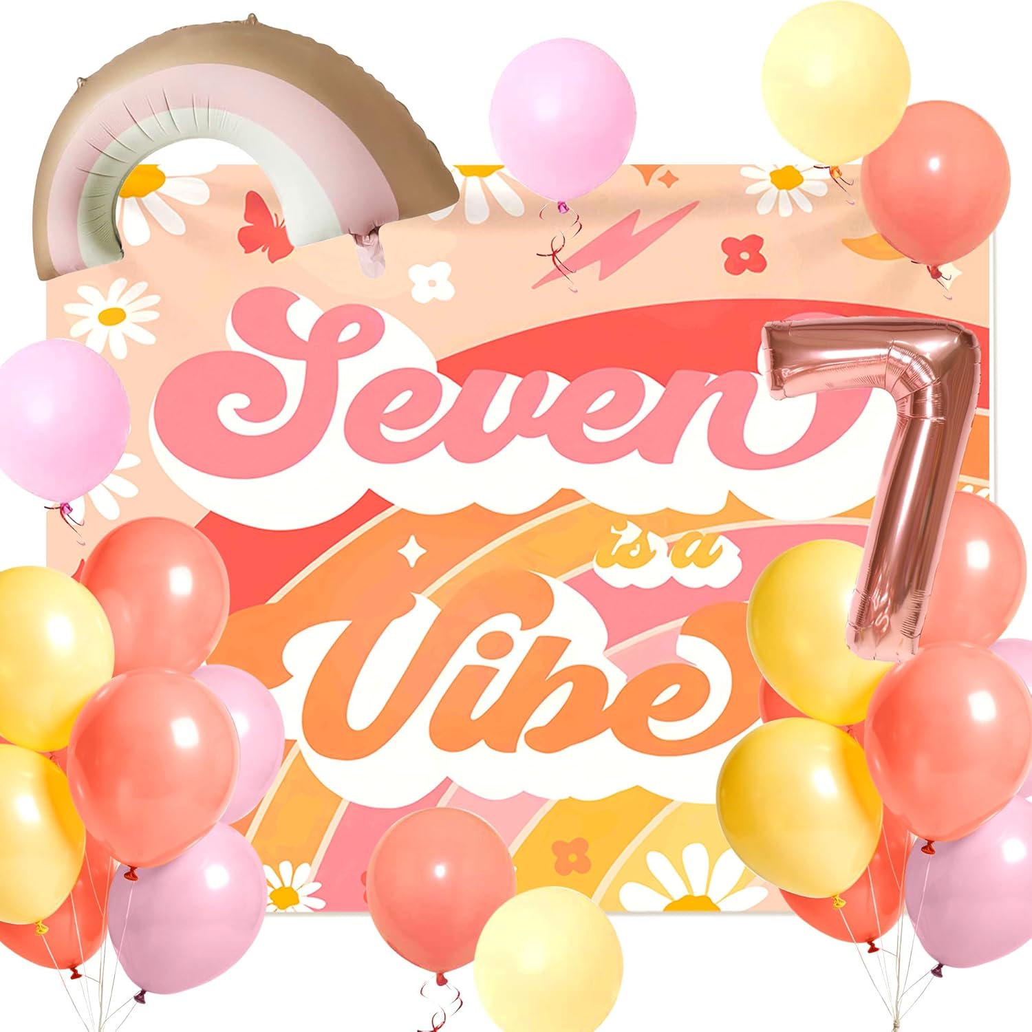 LaVenty Seven Is A Vibe Birthday Party Decorations Balloon Rainbow Daisy Balloons Vintage Groovy 7th Birthday Decorations Hippie Retro 7 Years Old Birthday Decoration