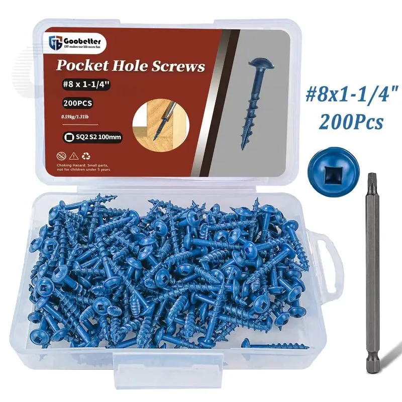 Countersink Wood Screws, 200-Piece Carbon Steel Galvanised Blue Coated #8x1-1/4" Coarse Thread Square Drive Washer Head Screws with Free 100mm Drill Bit, Portable Packaging for Woodworking Projects (200/400/500-Piece Packs Available)