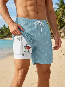 Men's Prank Duck Print 2 in 1 Beach Shorts with Phone Pocket, Summer Casual Funny Board Shorts with Side Pockets, Quick Dry Swim Shorts Swim Trunks Drawstring Elastic Waistband Swimwear Beachwear Swimsuit Bathing Suit