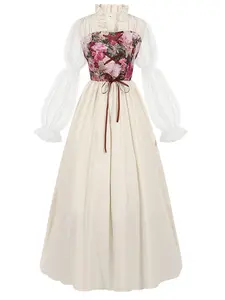 Medieval Vintage Long Floral Dress with Tie Waist, Elegant Historical Costume, Perfect for Renaissance Faires and Theme Events