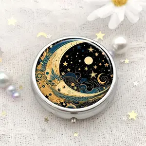 Moon & Star Pattern Round Storage Box, Portable 3-grid Mini Storage Box with Mirror, Travel Makeup Mirror, Makeup Holder, Travel Pill Box, Home Organizer for Home Office School