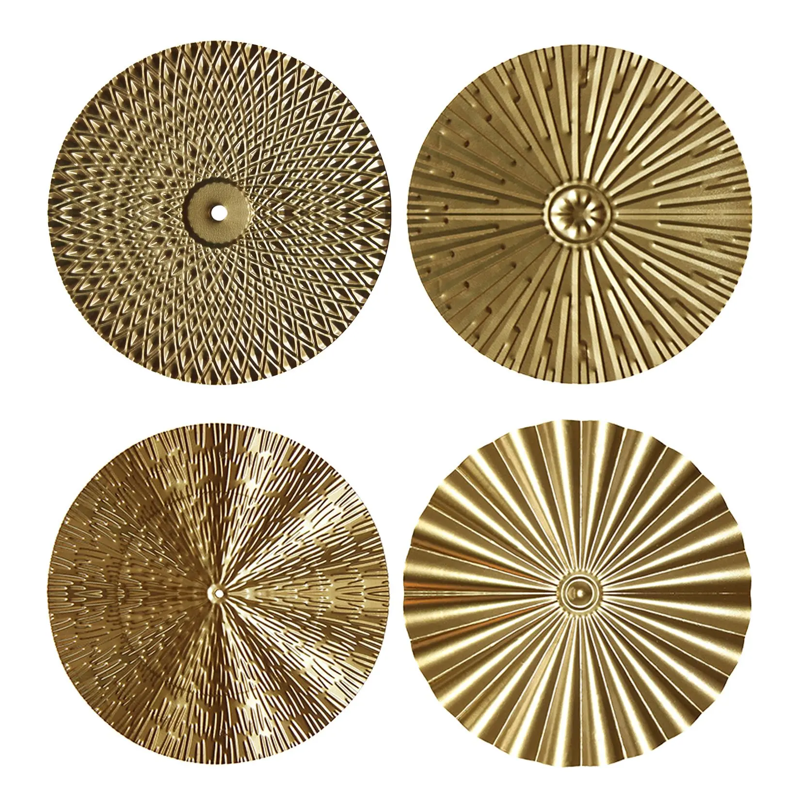 4-Piece Gold Metal Wall Art Decor, Round Textured Disc Hanging Sculptures, Boho Sunburst Wall Decor Set for Living Room, Bedroom & Home Decor