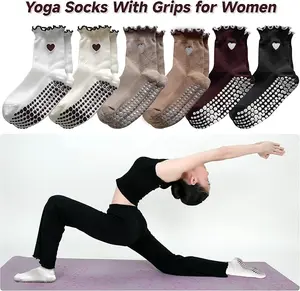 6Pairs Grip Socks Pilates, Cotton Cute Pilates Socks for Women, Ruffle Grippy Sock for Yoga Barre Hospital 5-10in