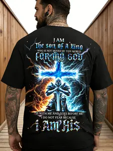 Plus-size Men'S T-shirt - Y2K Street Style| Son of God, Cross Print, Suitable for Church, Casual Wear and Christian Gifts - Machine Washable Crew Neck Short Sleeve Top, Faith Based Fashion, Perfect Holiday Gift, Plus Size