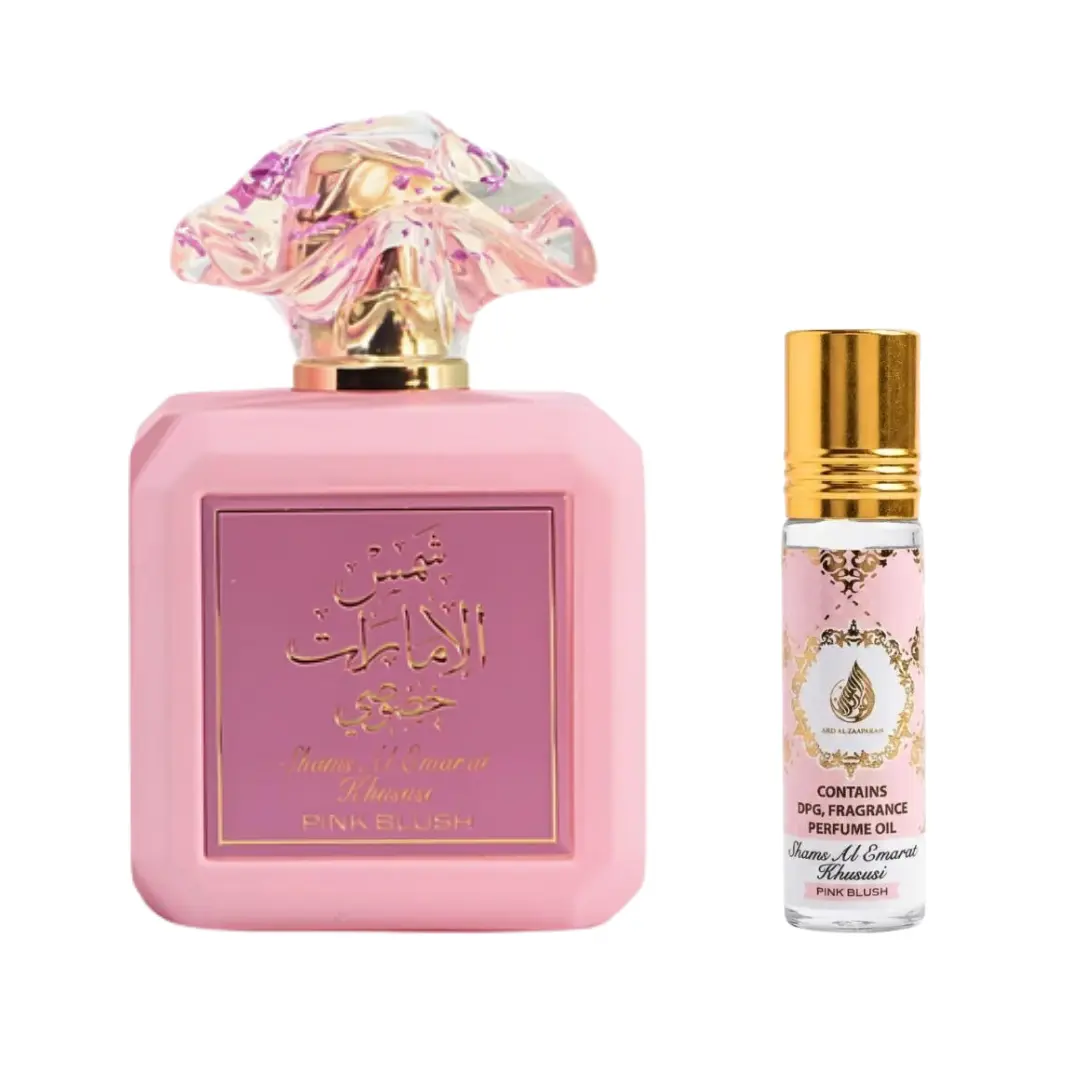 Women's Pink Blush Shams Al Emarat Fruity-Gourmand EDP Bundle Set - 2-Piece Full Size EDP Spray, 10ml Concentrated Roll-On Oil, Travel Perfume, Sweet Scent Strawberry Vanilla Scent, Scented Purse Toiletries, Fragrance Product