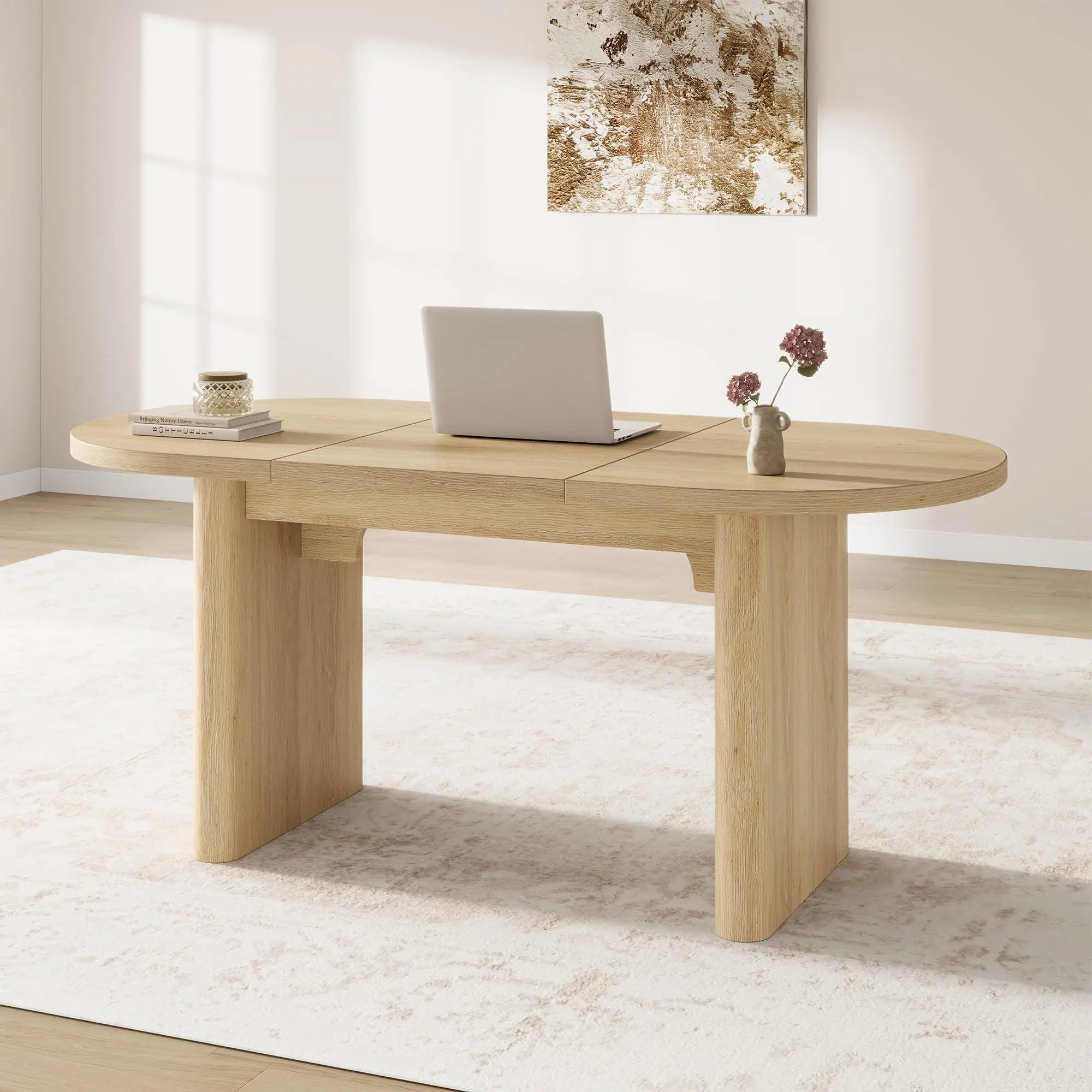 GARVEE Oval Executive Desk, Wood Office Desk, Large Aesthetic Computer Desk, Farmhouse Wooden Laptop Desk with Double Pedestal, Study Writing Table Workstation for Home Office