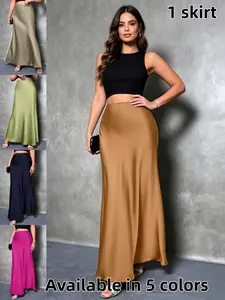 Women's High Waist Satin Skirt, Elegant Plain Design, Slim-Fitting, Multiple Colors Available, Perfect for Parties, Work, Daily Wear