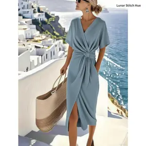 2026 Summer New Dress Commuting Fashion Satin Slit Women's Solid Color Wrap Tie Dress