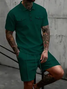 Men's Waffle Knit Two-Piece Set, Chest Pocket Polo Shirt + Drawstring Shorts, Summer Casual, Comfortable and Stylish
