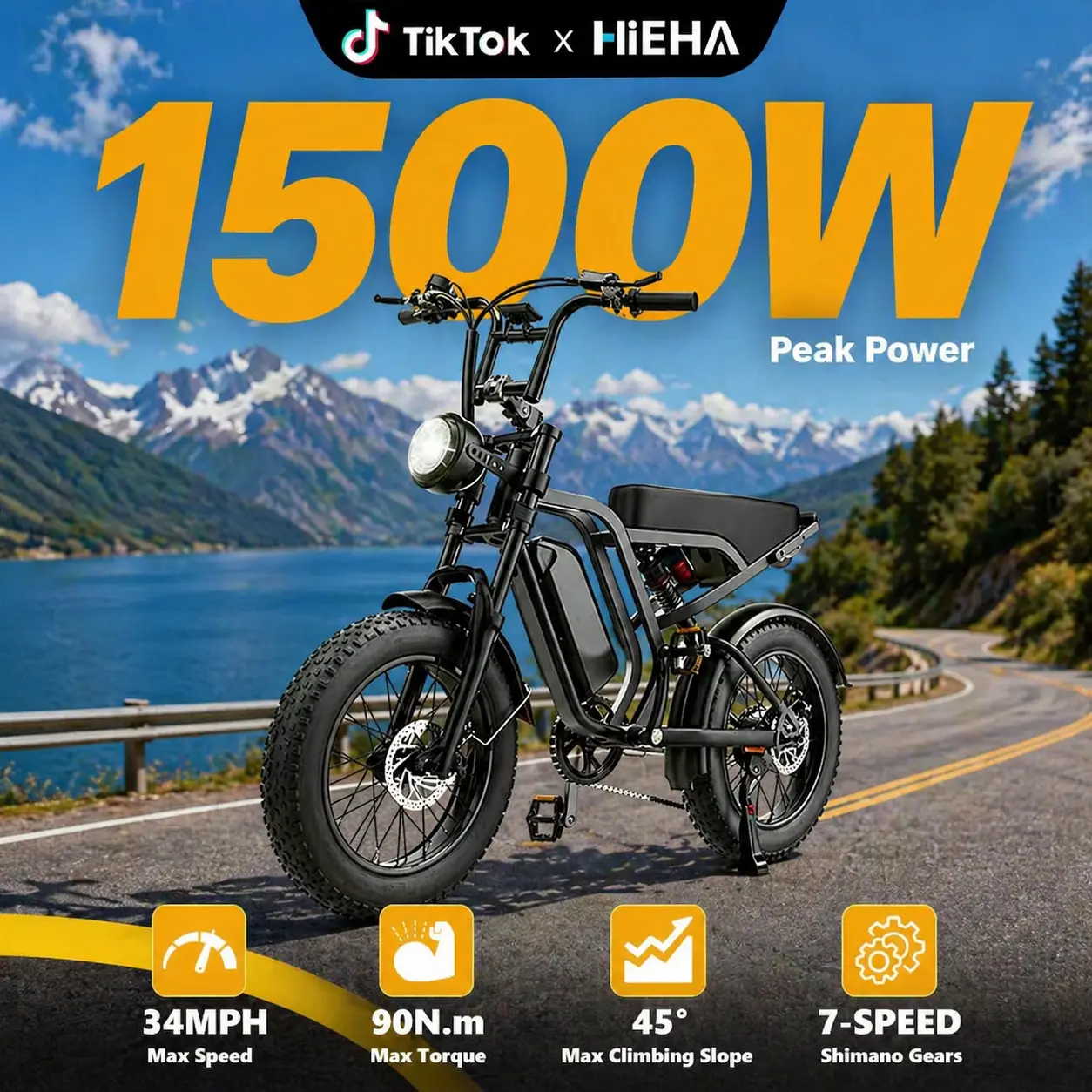 【Hieha】2026｜1500W Electric Bike for Adults ,lFullSuspensionTop Speed 34MPHRange 40+ Miles | 48V 15AhRemovableBatterylLED Headlights 20-InchAll-Terrain Fat Tires lUL2849Certified ebike｜Original factory｜Father's Day gift