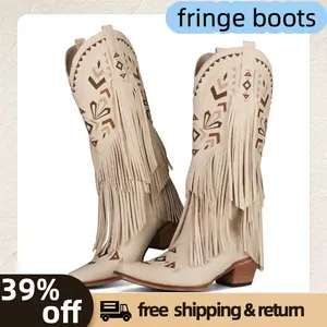 Women's Fringe Western Cowboy Boots Embroidered Chunky Heels Pointed Toe Tassel Mid Calf Cowgirl Boots Stylish Pull on Boots