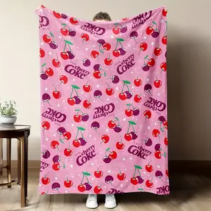 1pc Soft Flannel Throw Blanket with Vibrant Cherry & Cola Logo - Cozy, Warm, and Comfortable for Sofa, Bed, or Office - Perfect Gift for Friends and Family, Cherry Themed Item Applies to Super soft  decorative sofa/sofa/bedroom