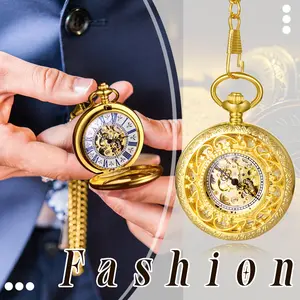 Automatic Mechanical Hollow Carved Decor Pocket Watch Roman Numeral Dial with Chain