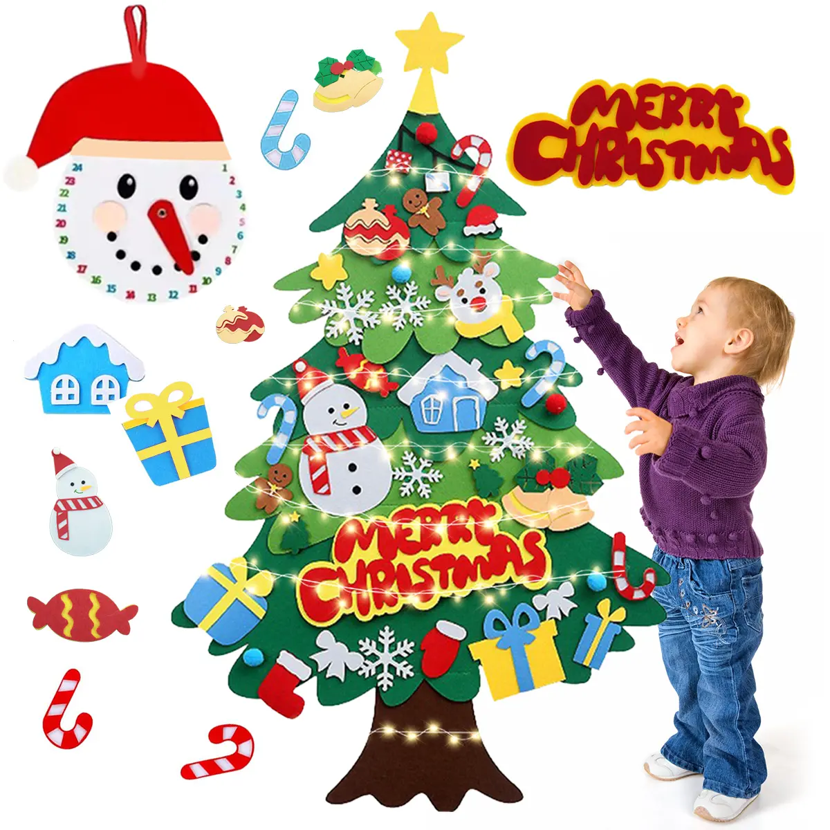 Soft Felt DIY Christmas Tree for Toddlers, 3.2ft Wall Hanging Art Deco Craft Kit with LED String Light, 38/45 Detachable Ornaments, Customizable Folded Pack for Fine Motor Skill Development, Xmas Gift Home Decor, Tree Shape