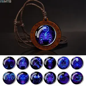 FAMTD 1pc Twelve Zodiac Rope Chain Necklace Libra Scorpio Sagittarius Capricorn Aquarius Pisces Necklace Infinity Symbol Wood Pendant