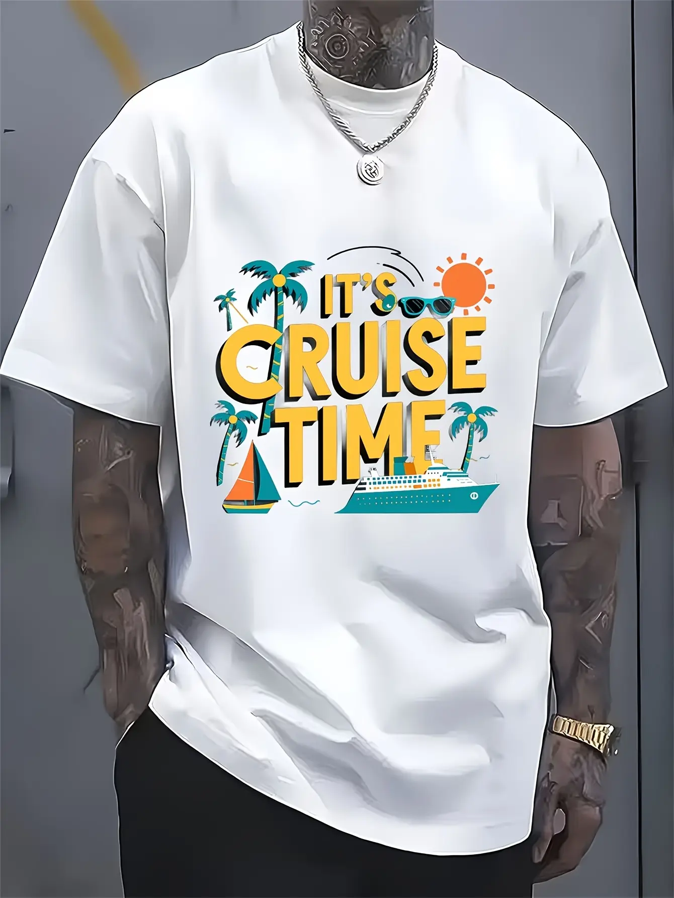 Men's Casual Crewneck "It's Cruise Time" Tropical Vacation Short-Sleeve T-Shirt Men's Casual Crewneck "It's Cruise Time" Tropical Vacation Short-Sleeve T-Shirt