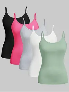 Summer Sleeveless Adjustable Spaghetti Strap Tank Top Set, Women, Dopamine Color Pure Color Slim Fit Outerwear Inner Layer Shirt Five Piece Set