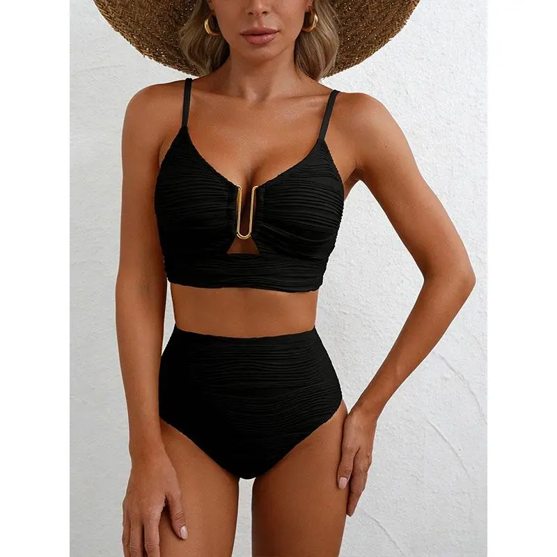 Women's 2-Piece Bikini Set - SpringStatements U-Wire Triangle Top, High Waisted Textured Tummy Control High Stretch Bathing Suit for 2026 Summer Beach, Plus Size Swimsuits for Sports & Outdoor Activities, High Stretch Bikini