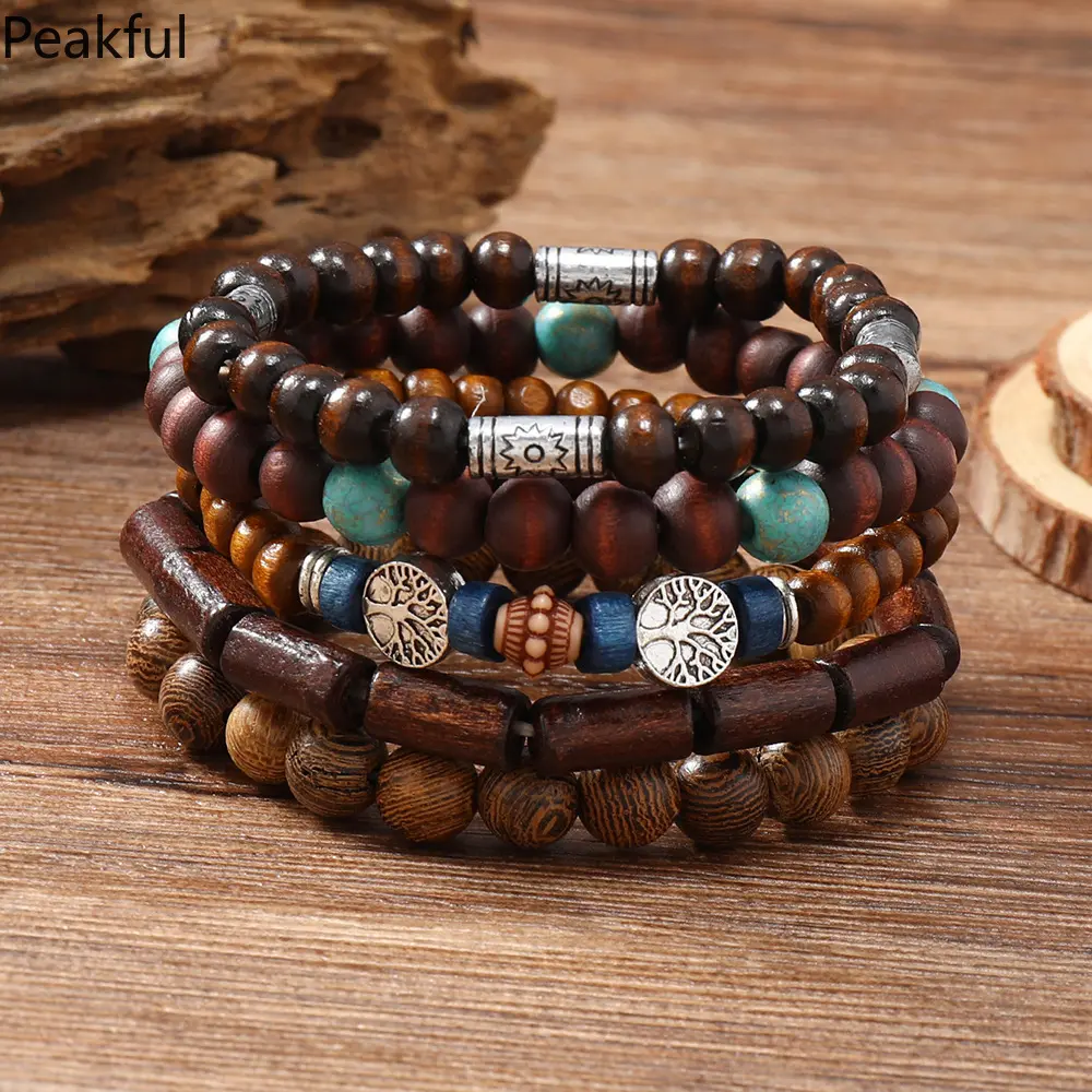 5 Pcs/Set Retro, Simple And Fashionable, Cool Bracelet, Wooden Bead Coconut Shell Bracelet. Suitable For Men/Ladies/Couples Dail