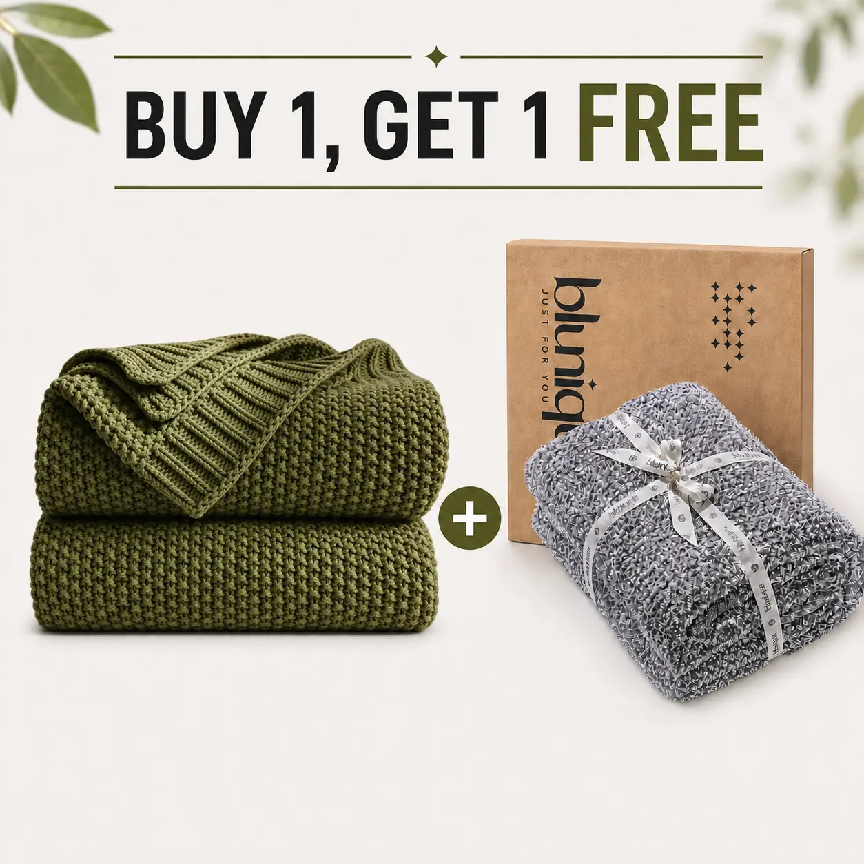 【BUY 1 GET 1 FREE】Blunique 100% Cotton Knit Throw Blanket, Lightweight Breathable Textured Blanket for Couch, Bed & Sofa, Includes Free 50 x 60 in Gray Fuzzy Waffle Throw