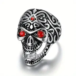 Men's Gothic Hip-Hop Totem Stainless Steel Ring, Red Synthetic Zircon-Inlaid Skull Design - Ideal for Daily Leisure, Halloween Parties - Fashion Costume Jewelry Accessory, Rings