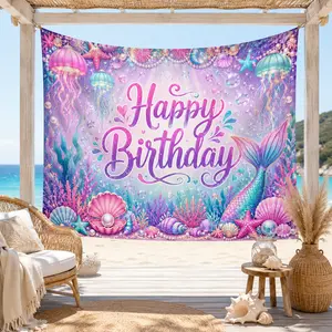 Mermaid Birthday Backdrop Tapestry, Under the Sea Party Decorations for Girls, Ocean Theme Wall Hanging Photo Booth Background