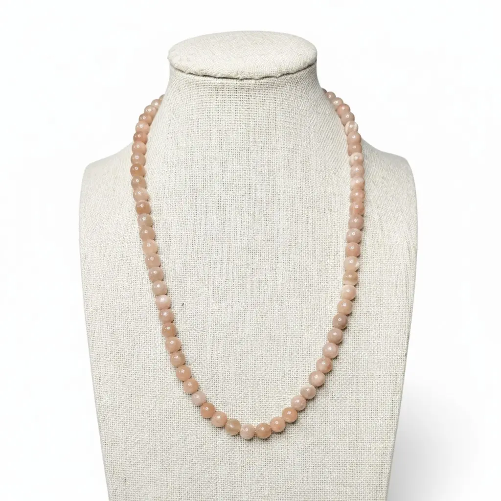 Handcrafted 6mm Peach Moonstone Beaded Stretch Necklace, Made-to-Order Natural Crystal Jewelry for Daily Wear - Boost Harmony, Intuition, Happiness, with Assistance with Repairs
